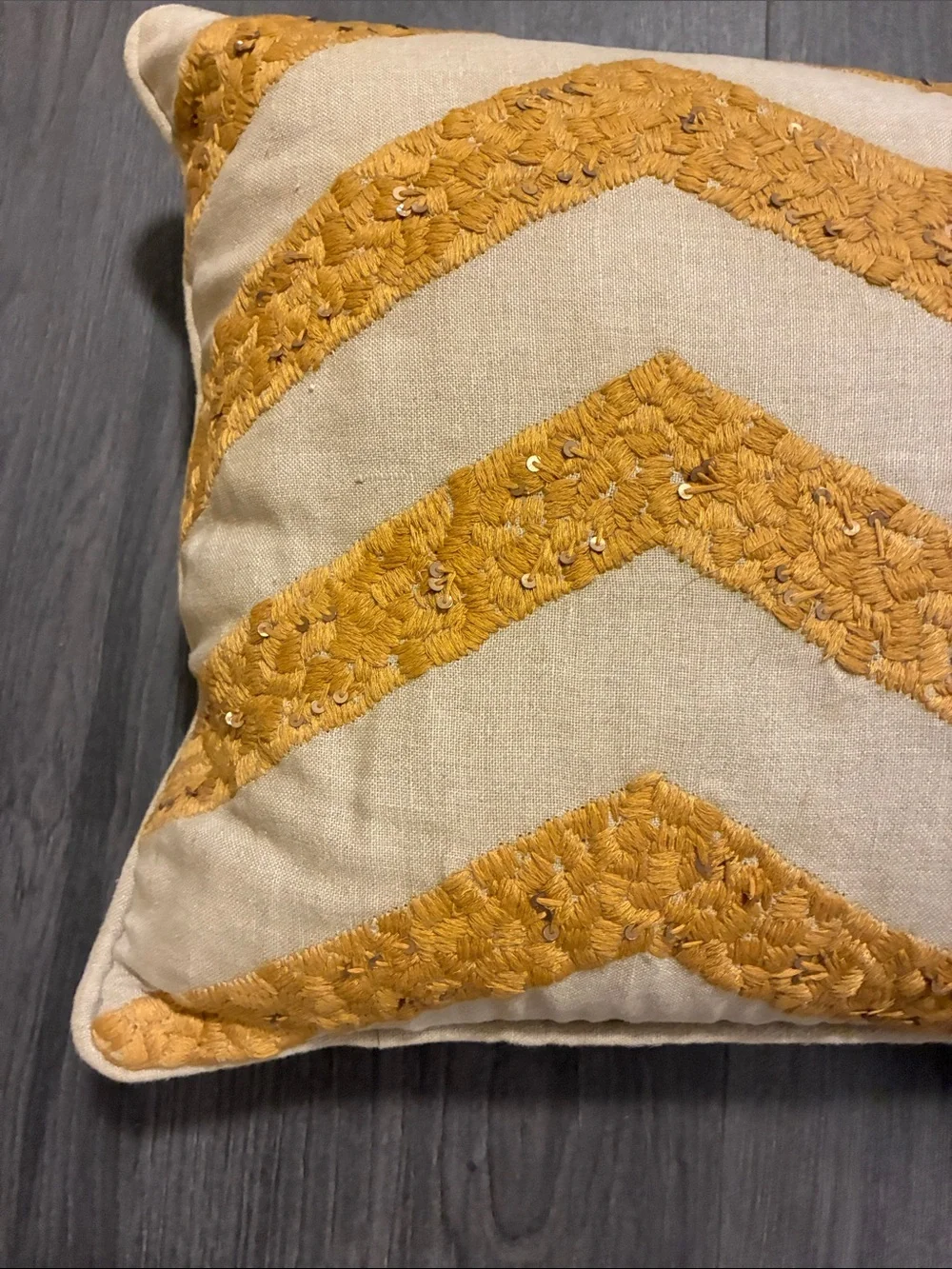 Anthropologie Mustard Chevron Embroidered Lumbar Pillow with Sequin Detail